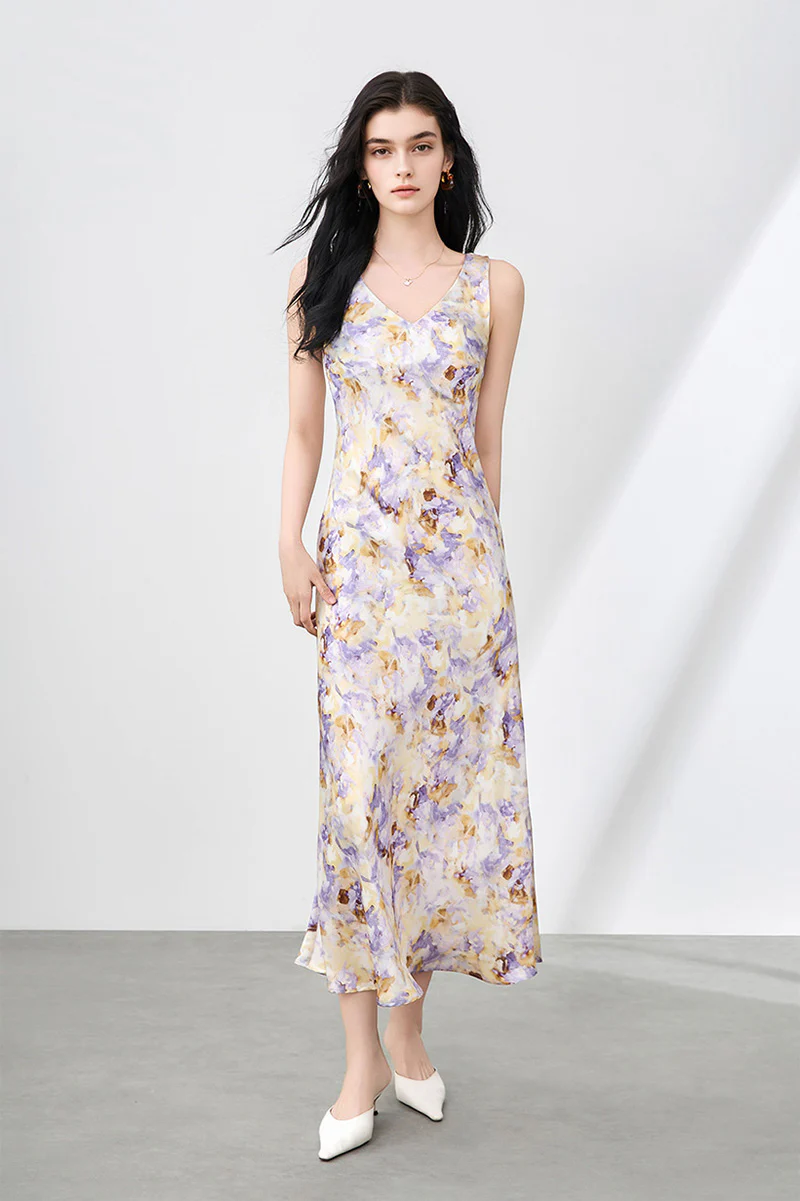 Purple Floral Sleeveless V-Neck Satin Midi Dress - HBQMJX