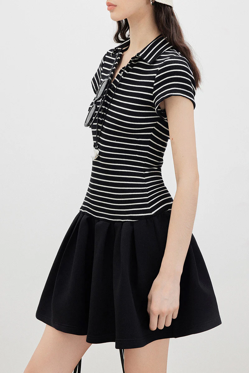 Black Polo-Neck Short-Sleeve Mini Dress in Stripe - HBQMJX