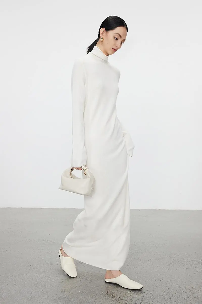 100 Wool Long Sleeve Crewneck Maxi Sweater Dress - HBQMJX