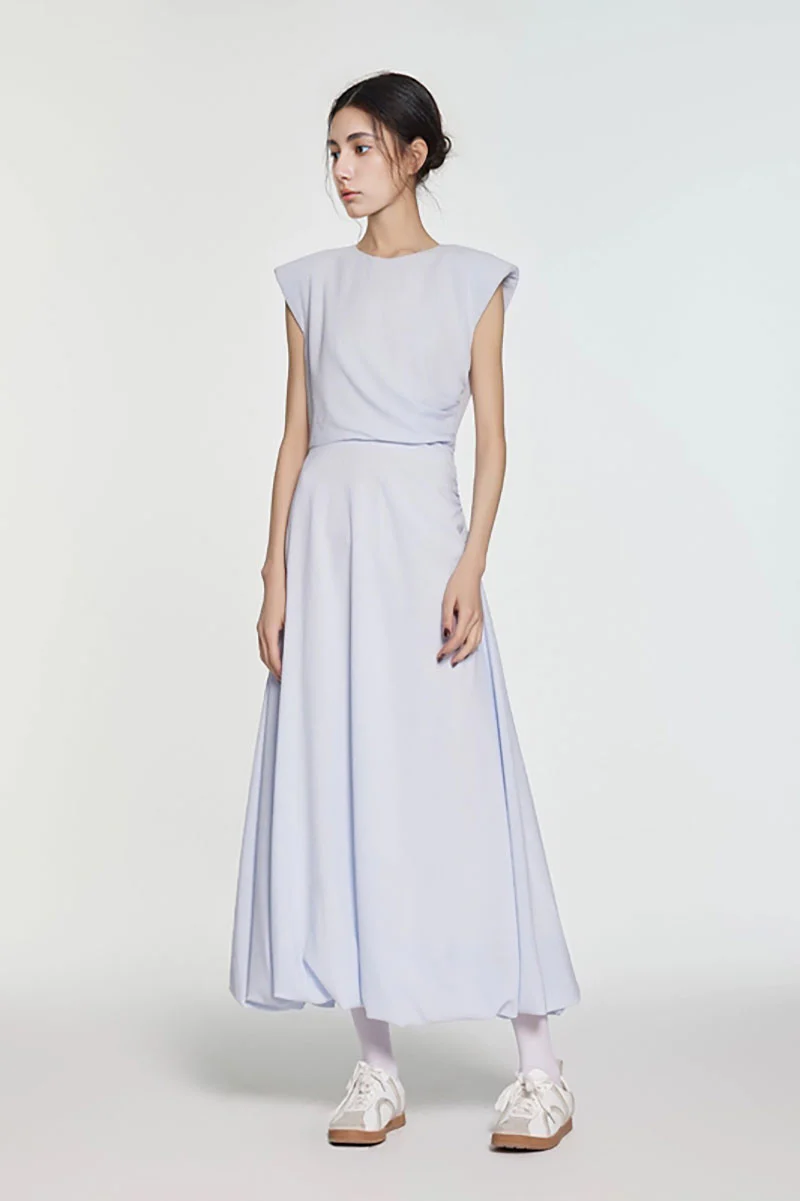 Minimalist Cap-Sleeve Ruched-Waist Bubble Midi Dress - HBQMJX