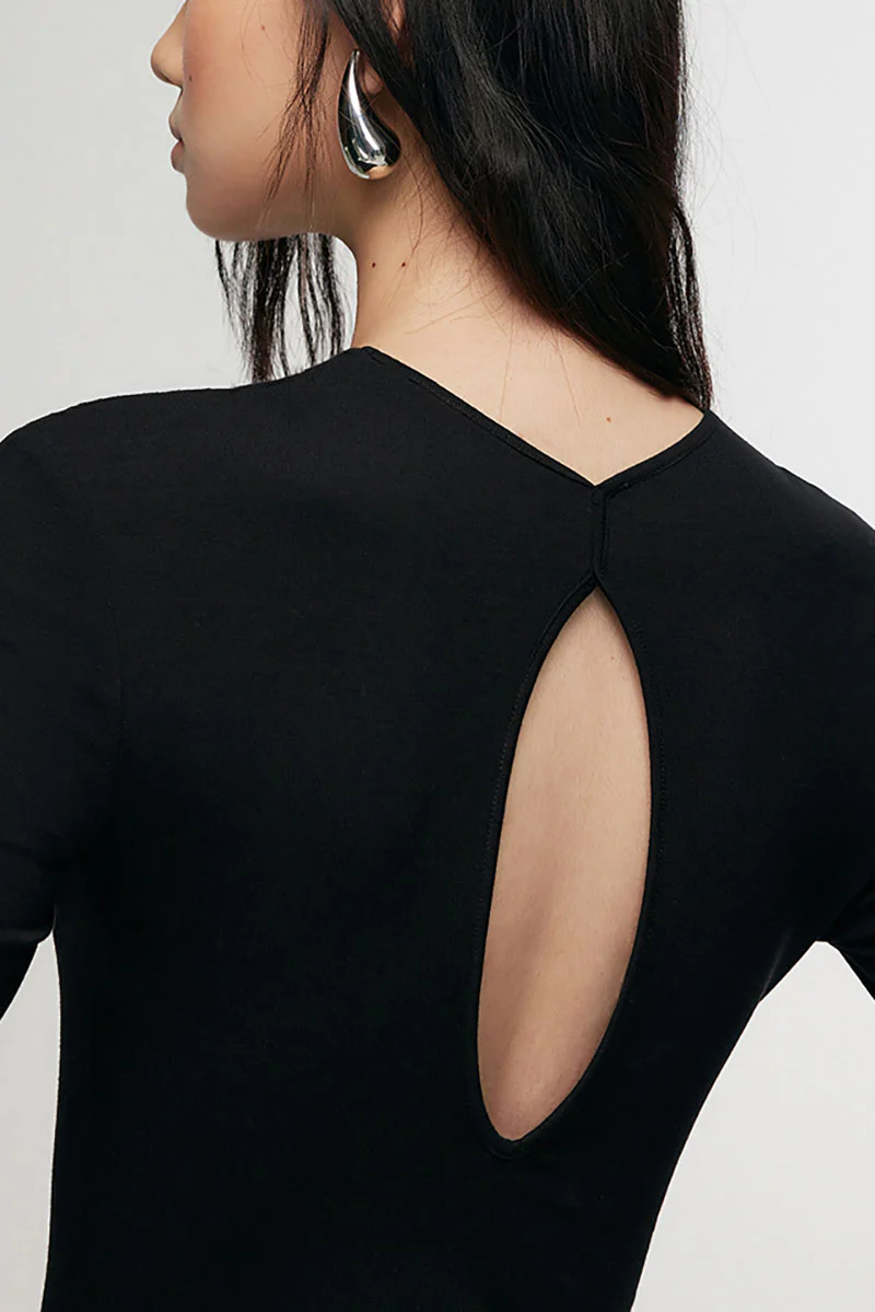 Black Long Sleeve Bodycon Maxi Dress with Back Cutout - HBQMJX