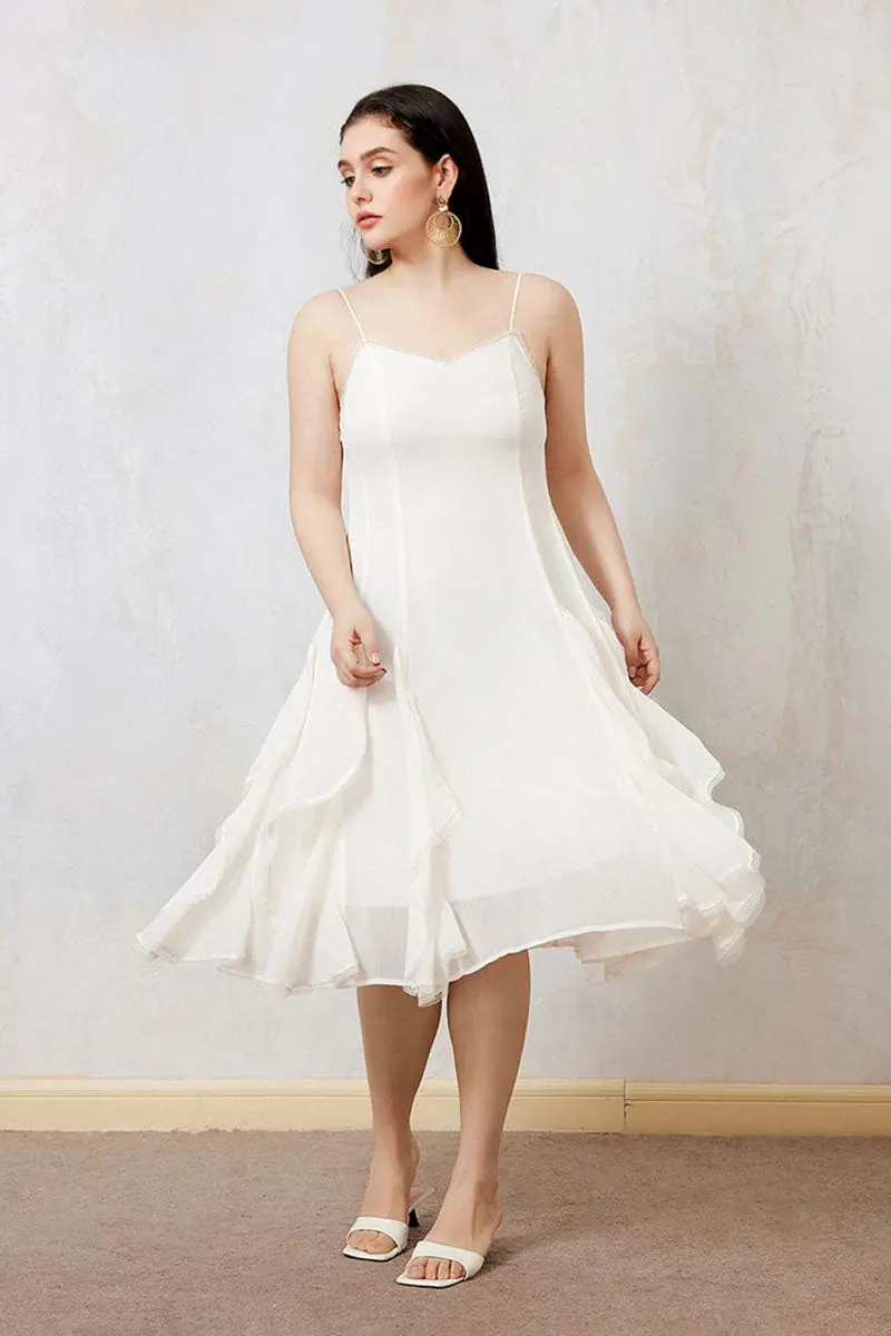 White Chiffon Spaghetti-Strap Ruffled Midi Dress with Lace Trim - HBQMJX