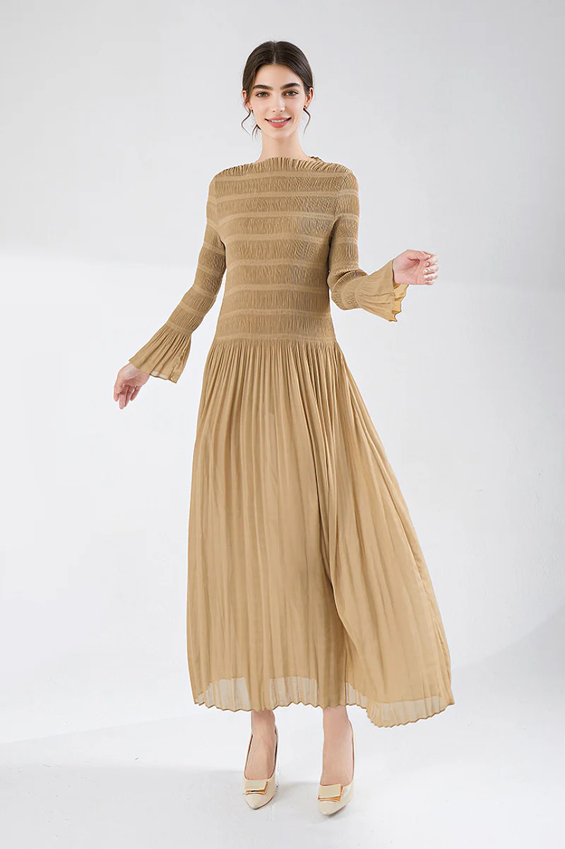 Designer Inspired Pleated Long Sleeve Smocked Maxi Dress - HBQMJX