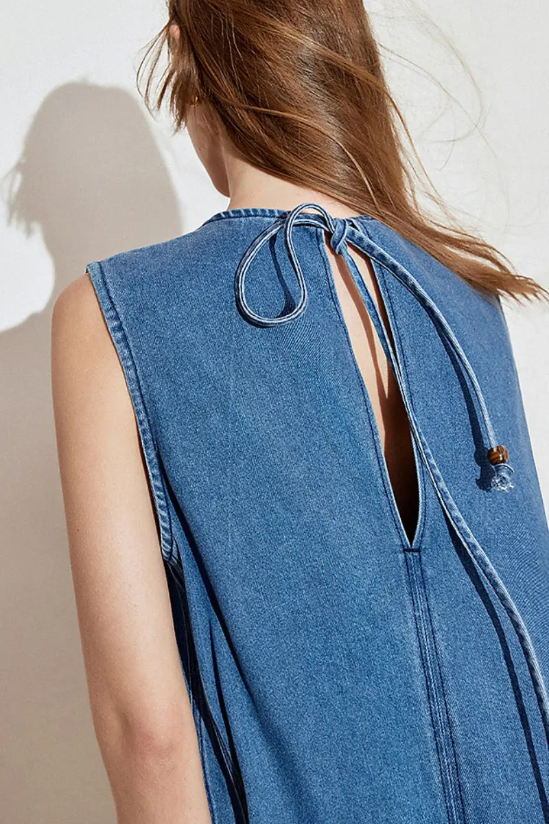 Denim Sleeveless Shift Midi Dress with Pockets - HBQMJX