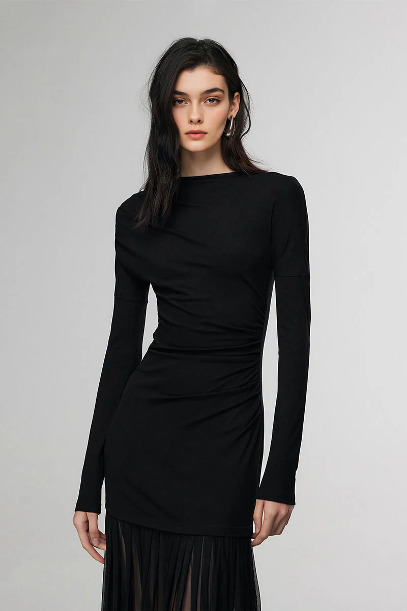 Asymmetric Draped Mesh Maxi Dress with Sleeves - HBQMJX