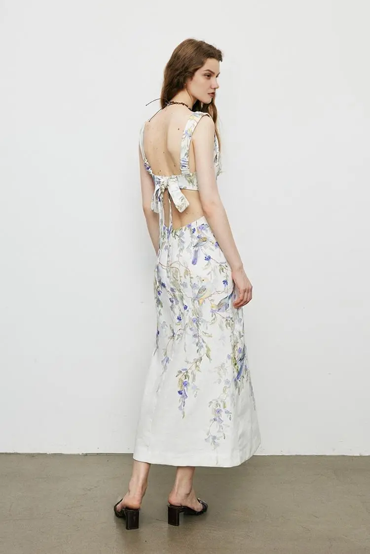 Backless Floral Linen Dress - HBQMJX