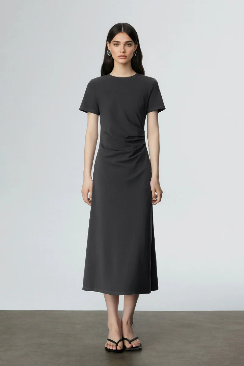 Sage Green Ruched-Waist T-Shirt Midi Dress - HBQMJX