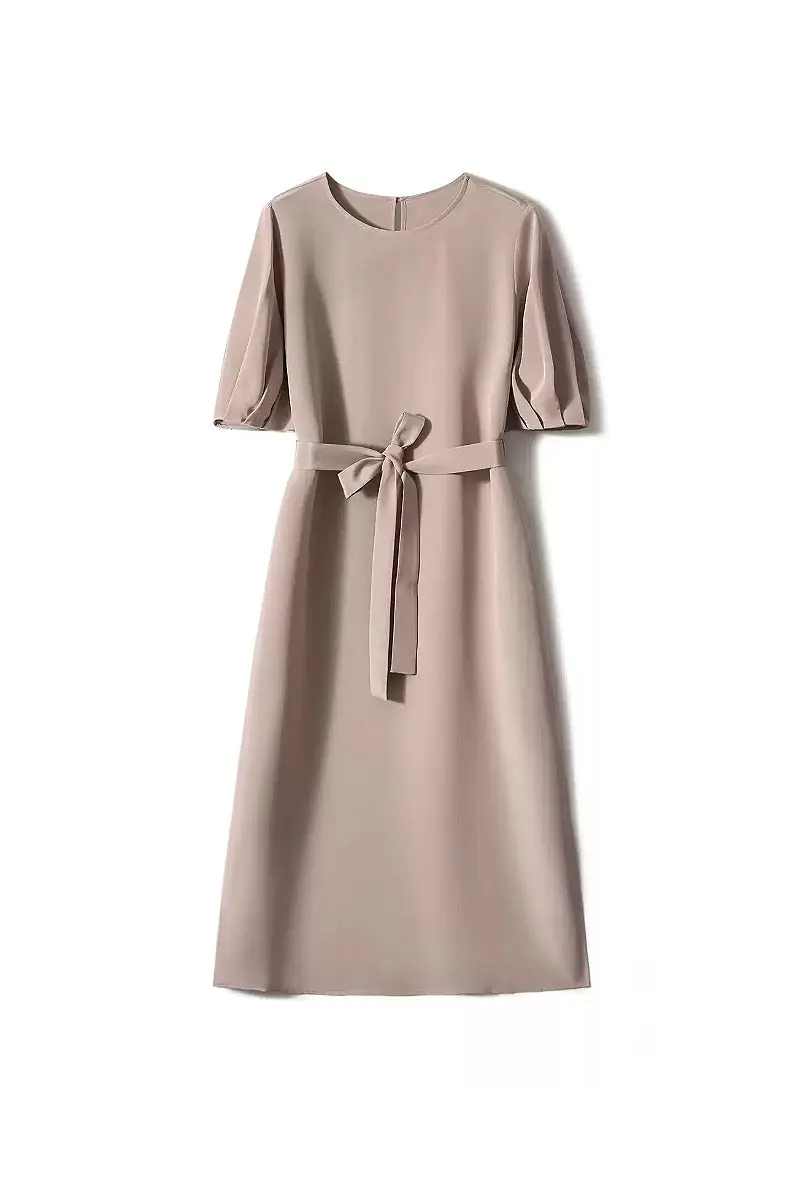 Pink 30MM Silk Crepe Belted Midi Dress - HBQMJX