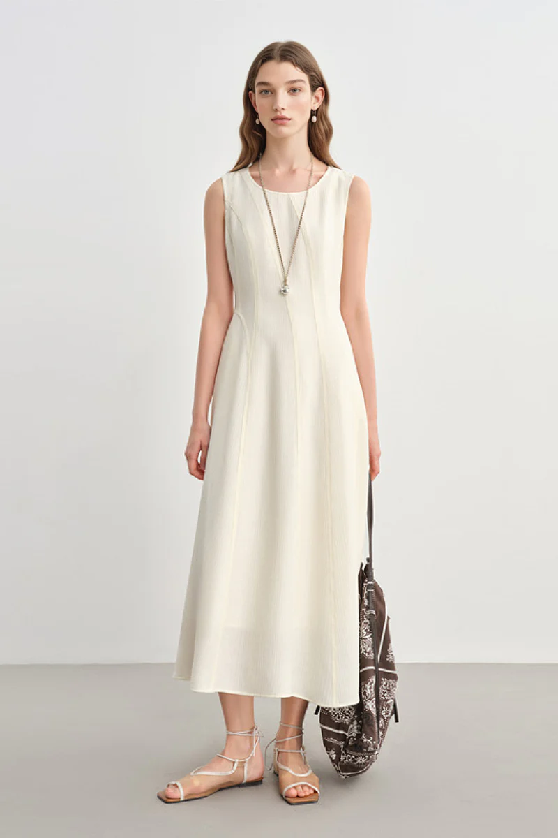White Sleeveless A-Line Midi Dress - HBQMJX