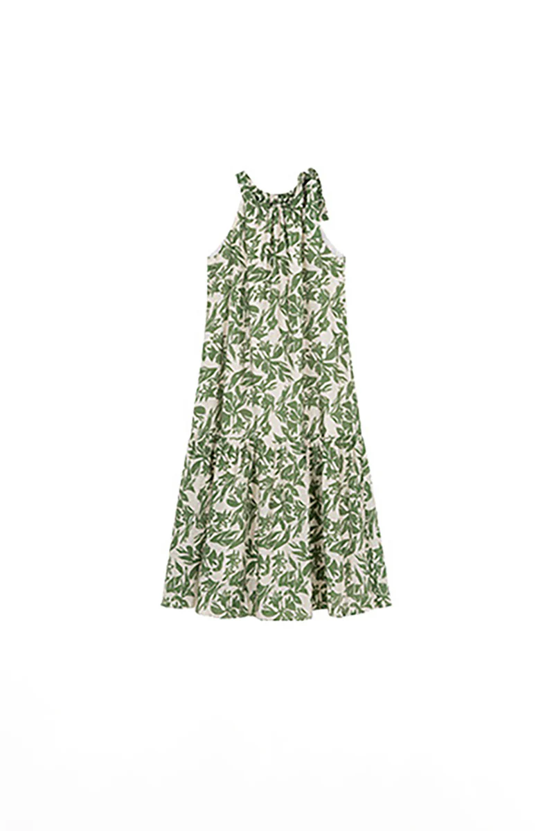 Green Floral Halter-Neck Beach Midi Dress - HBQMJX