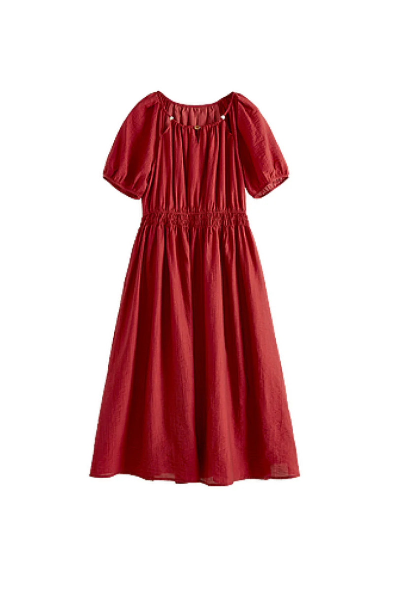 Red Beaded Puff-Sleeve A-Line Midi Dress - HBQMJX