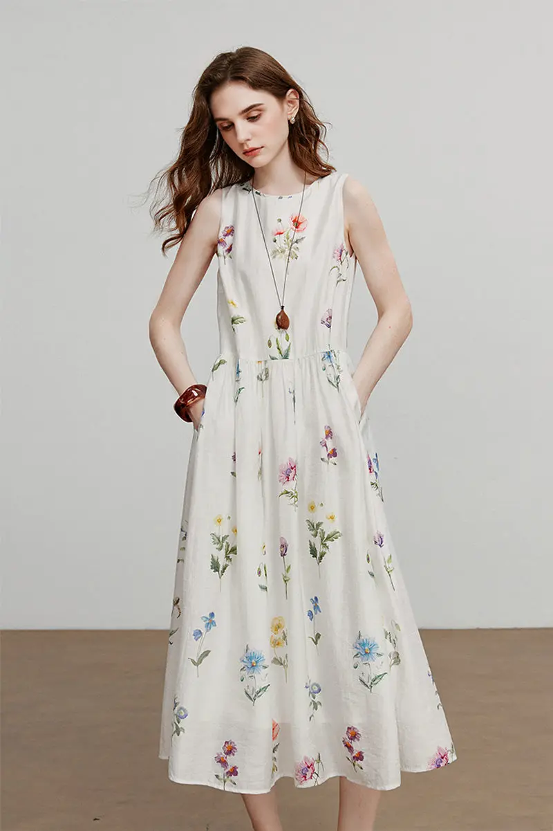 White Floral Linen Sleeveless Fit & Flare Midi Dress - HBQMJX