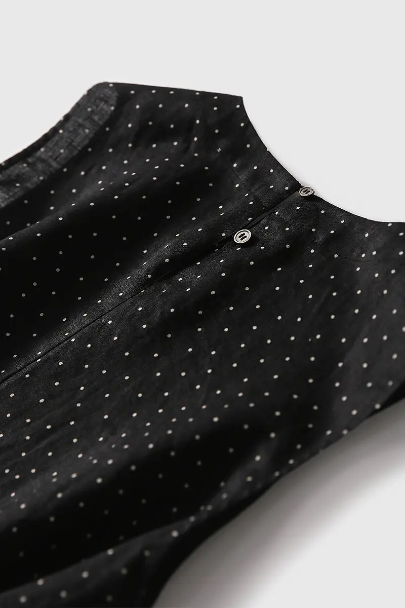100 Linen Polka Dot Sleeveless Midi Dress with Pockets - HBQMJX