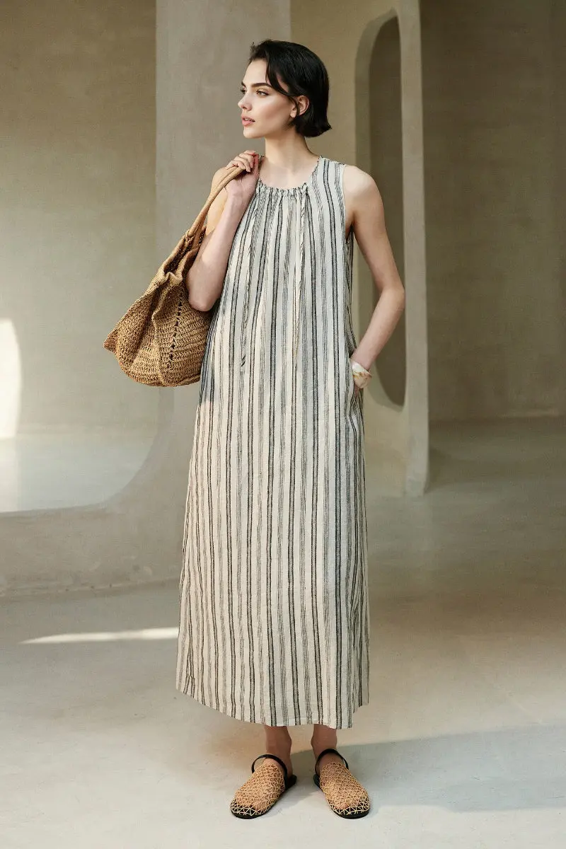 100 French Linen Striped Sleeveless Maxi Dress - HBQMJX