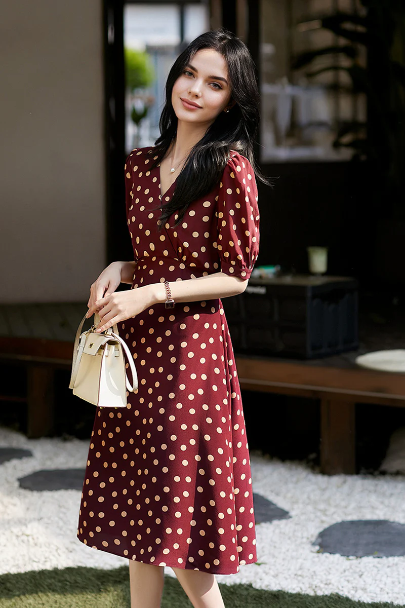100 Mulberry Silk Red Polka-Dot Midi Tea Dress - HBQMJX