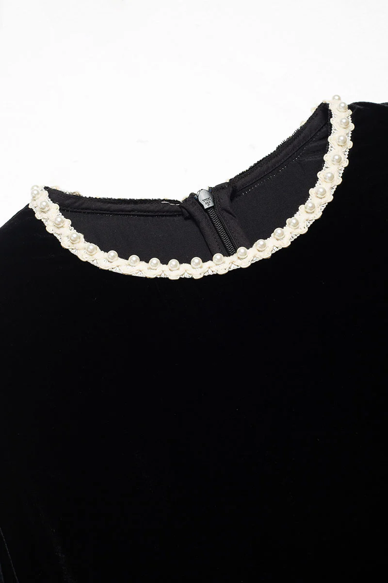 Ostrich-Feather Velvet Elbow-Sleeve Midi Dress with Pearl Trim - HBQMJX