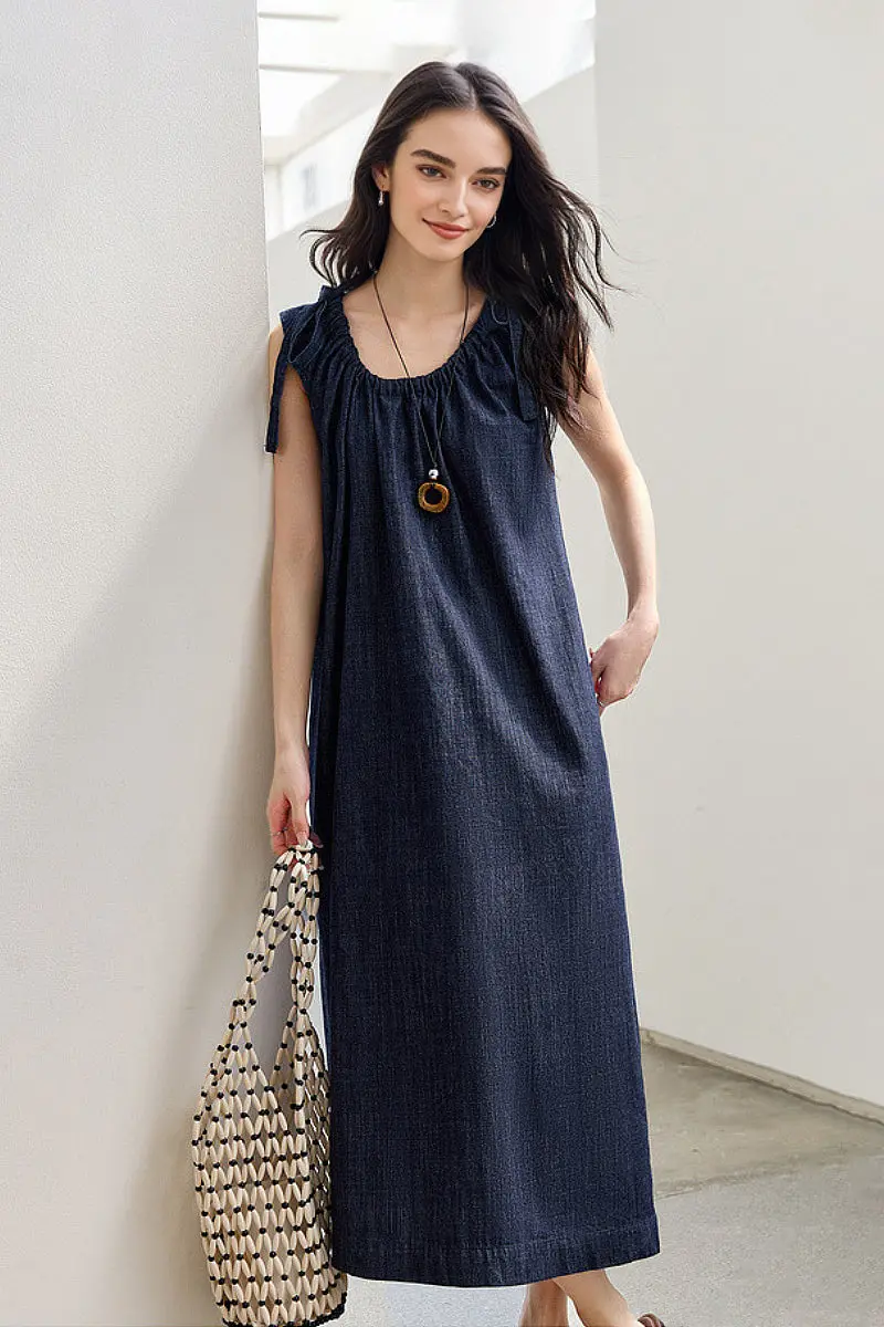 Denim Trapeze Tie-Strap Midi Dress - HBQMJX