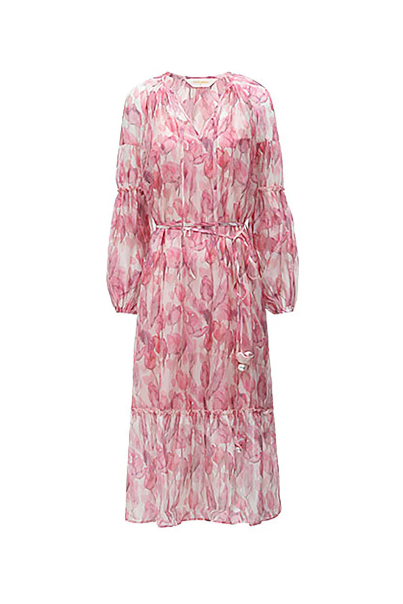 Boho Flower Balloon-Sleeve V-Neck Chiffon Maxi Dress with Underdress - HBQMJX