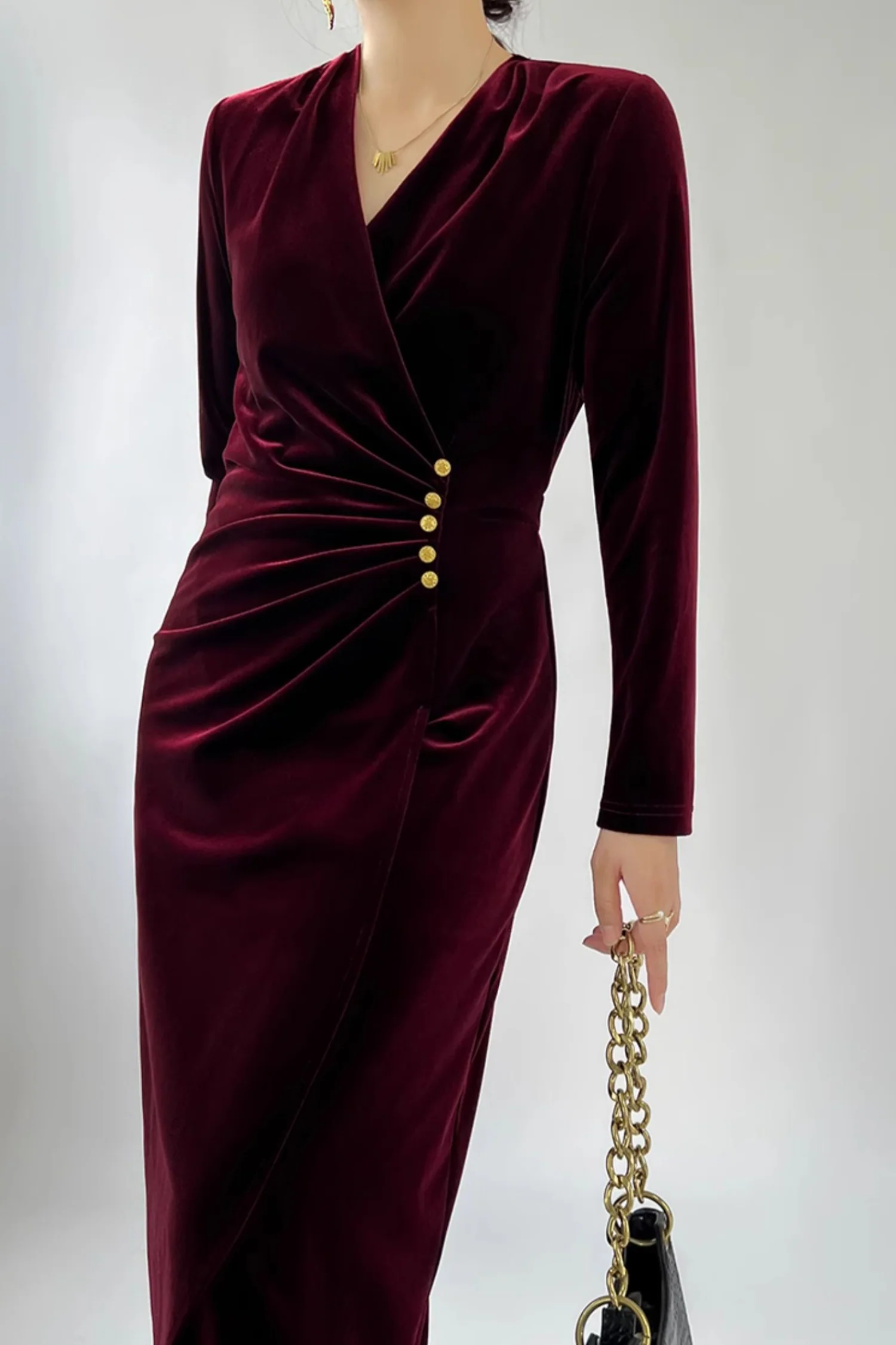 Burgundy Velvet Ruched Long Sleeve V-Neck Midi Dress - HBQMJX
