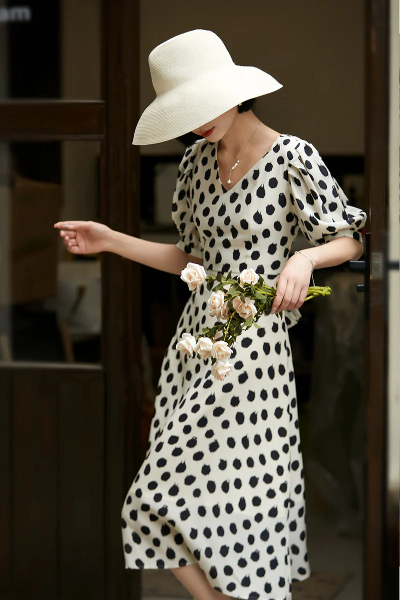 100% Silk Polka Dot Crepe A-Line Midi Dress - HBQMJX