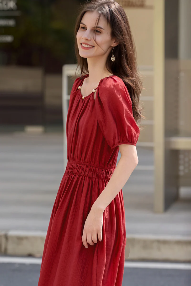 Red Beaded Puff-Sleeve A-Line Midi Dress - HBQMJX