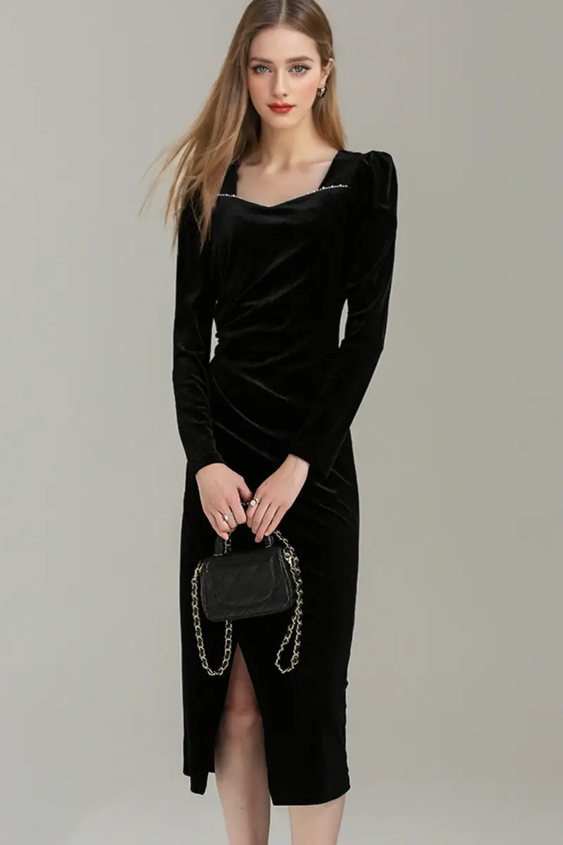 Black Long Sleeve Velvet Midi Dress with Ruched Neck and Front Slit - HBQMJX