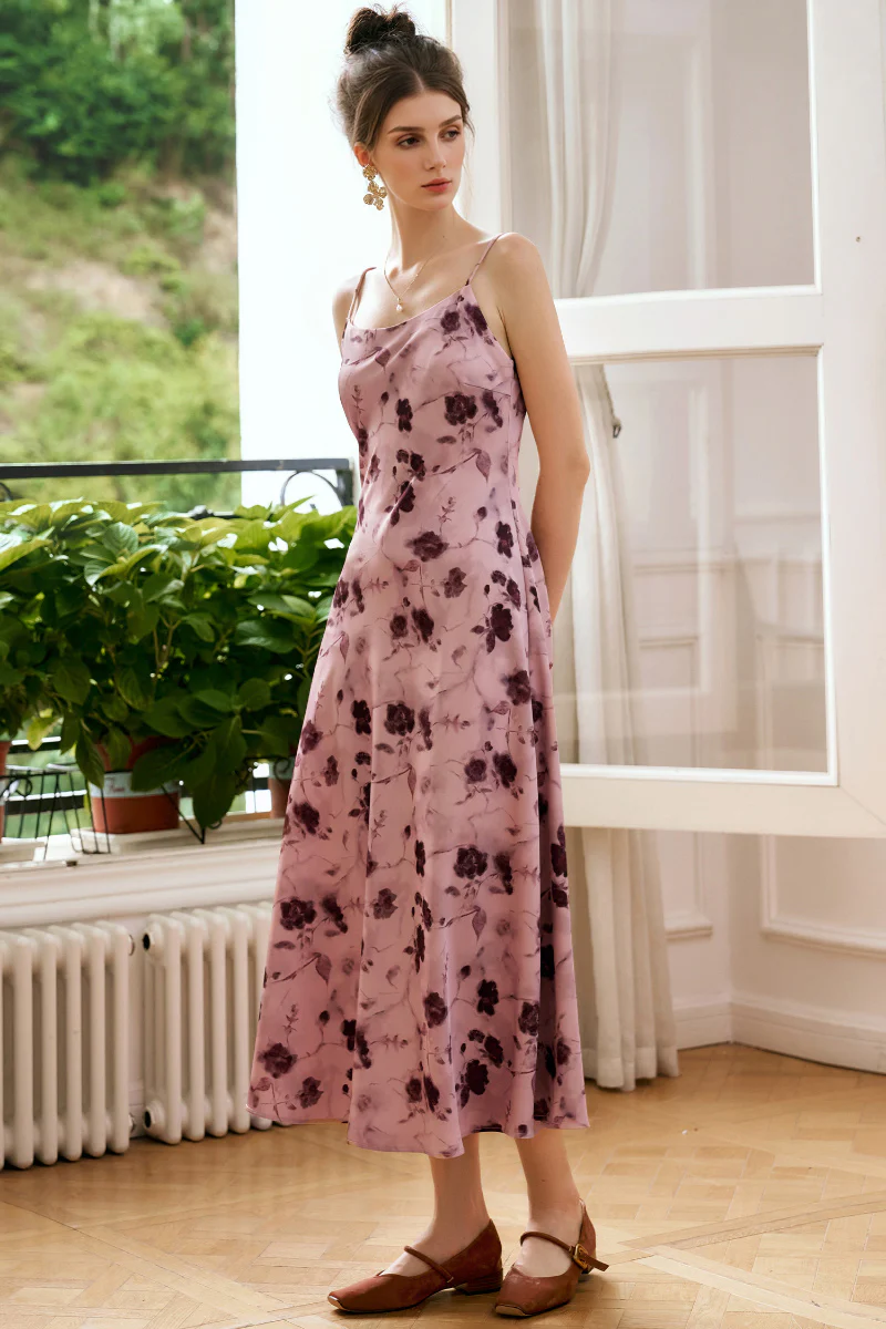 Pink Floral Satin Slip Midi Dress - HBQMJX