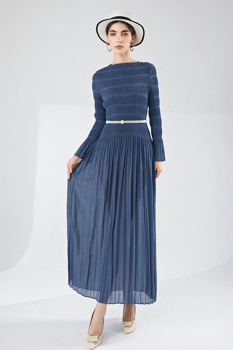 Designer Inspired Pleated Long Sleeve Smocked Maxi Dress in Slate Blue - HBQMJX
