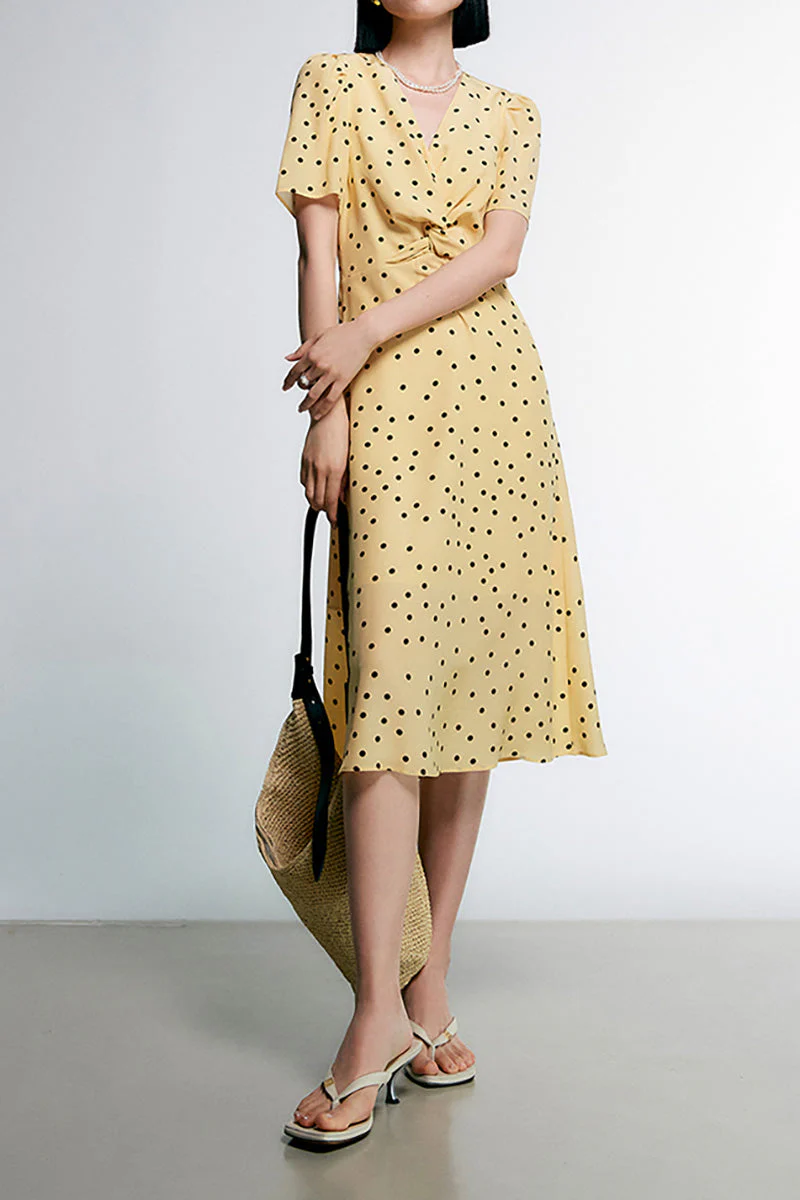 Yellow 100 Heavy Silk Crepe Polka Dot Midi Dress - HBQMJX