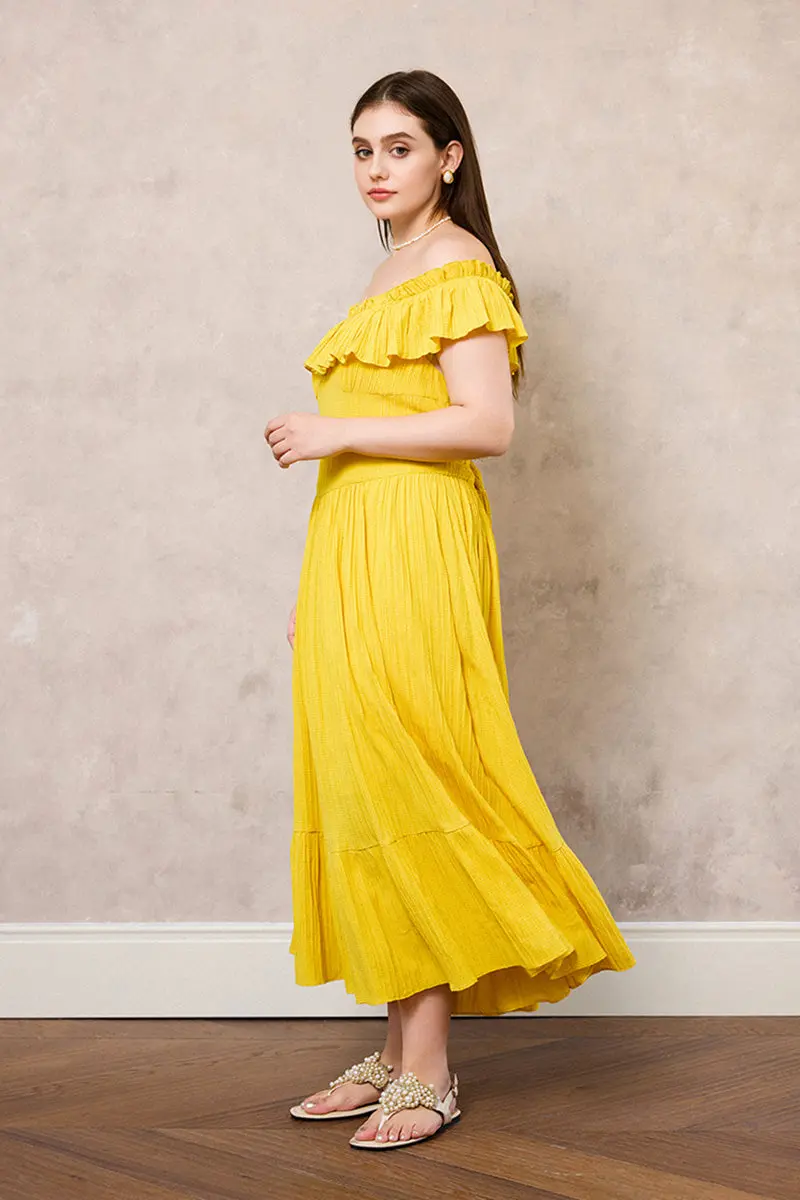 Yellow Off-the-Shoulder Ruffled Fit & Flare Midi Dress - HBQMJX