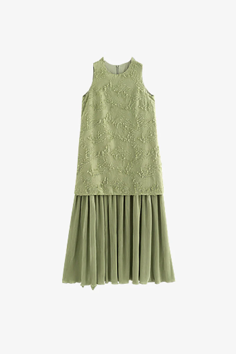 Green Frayed Jacquard Pleated Mixed-Media Midi Dress - HBQMJX