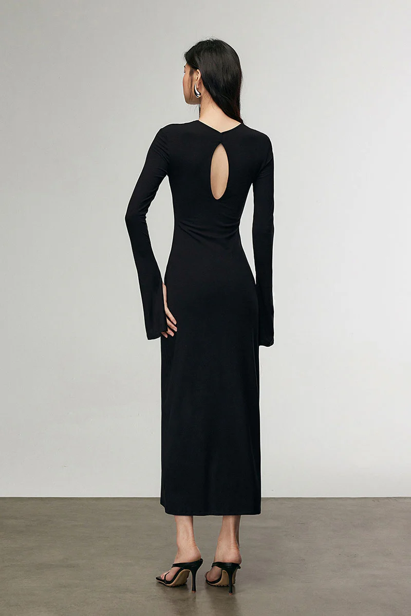 Black Long Sleeve Bodycon Maxi Dress with Back Cutout - HBQMJX