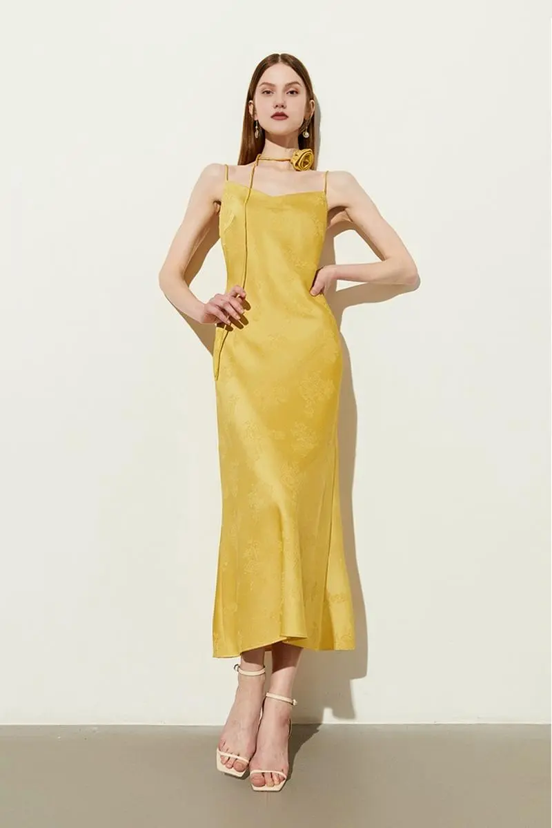 Elegant Jacquard Satin Slip Maxi Dress - HBQMJX