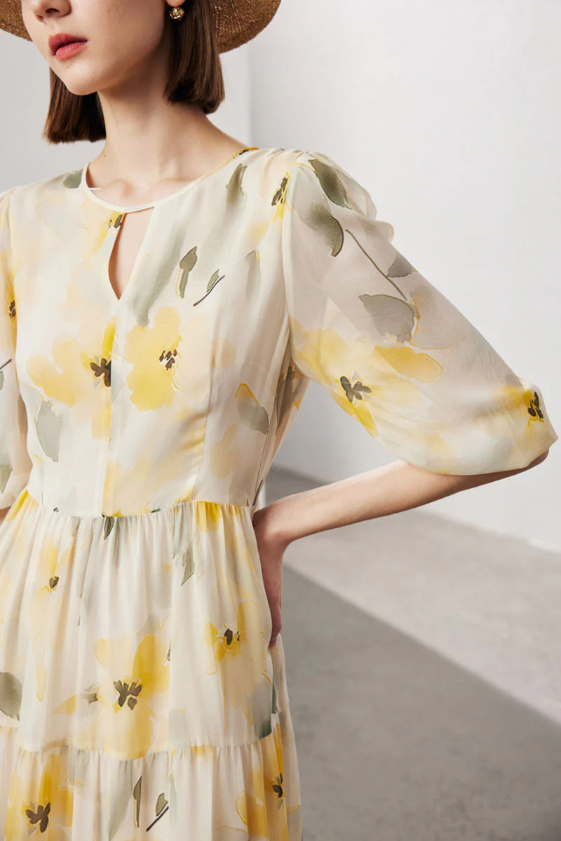 100 Mulberry Silk Floral Balloon-Sleeve Keyhole Tiered Midi Dress - HBQMJX