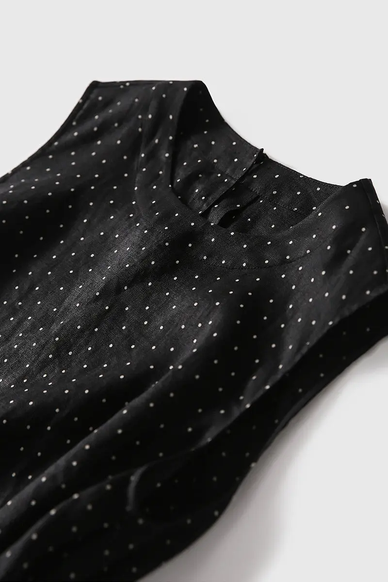 100 Linen Polka Dot Sleeveless Midi Dress with Pockets - HBQMJX