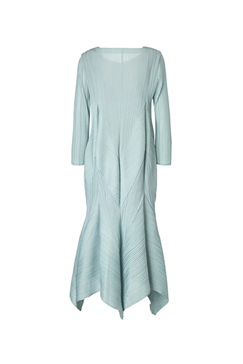 Pleated Long-Sleeve Midi Dress with Tulip Hem - HBQMJX