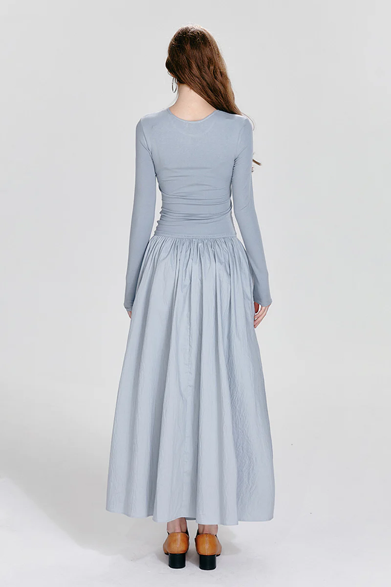 Blue Long-Sleeve Ruched Fit & Flare Maxi Dress - HBQMJX