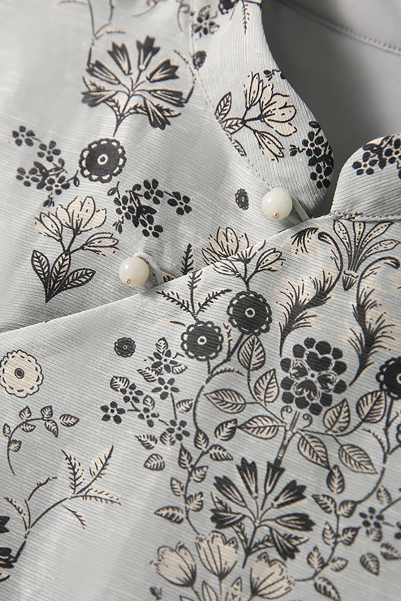 Qipao-Inspired Floral Midi Dress in Linen-Silk Blend - HBQMJX