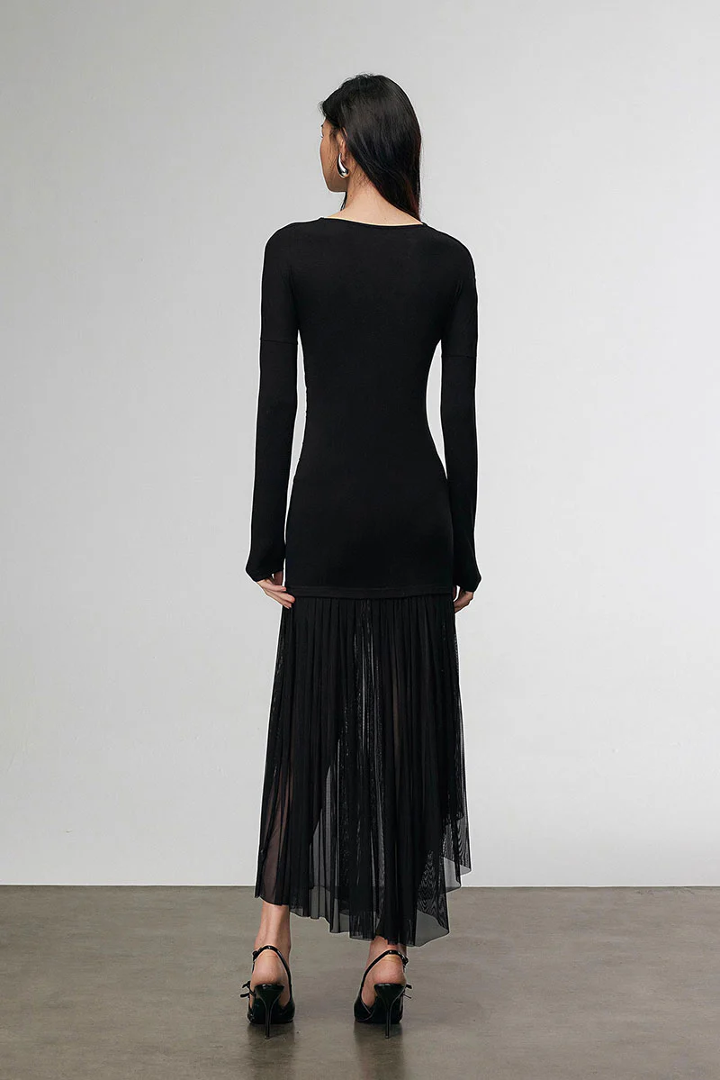 Asymmetric Draped Mesh Maxi Dress with Sleeves - HBQMJX