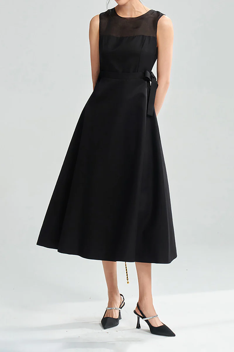 Black Sleeveless A-Line Organza Midi Dress with Bow - HBQMJX