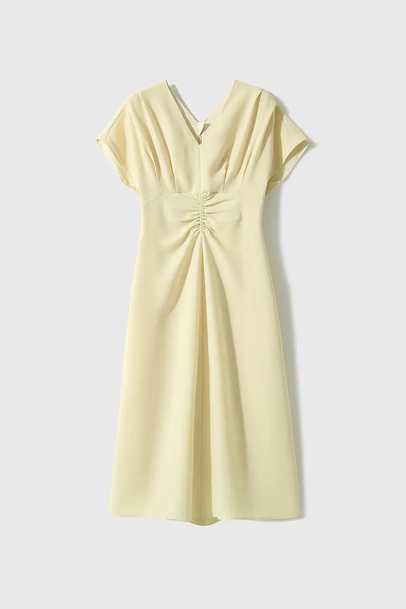 Yellow Triacetate V-Neck Gathered Waist Midi Dress - HBQMJX