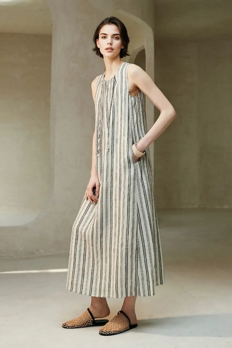 100 French Linen Striped Sleeveless Maxi Dress - HBQMJX