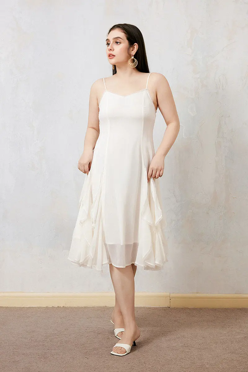 White Chiffon Spaghetti-Strap Ruffled Midi Dress with Lace Trim - HBQMJX