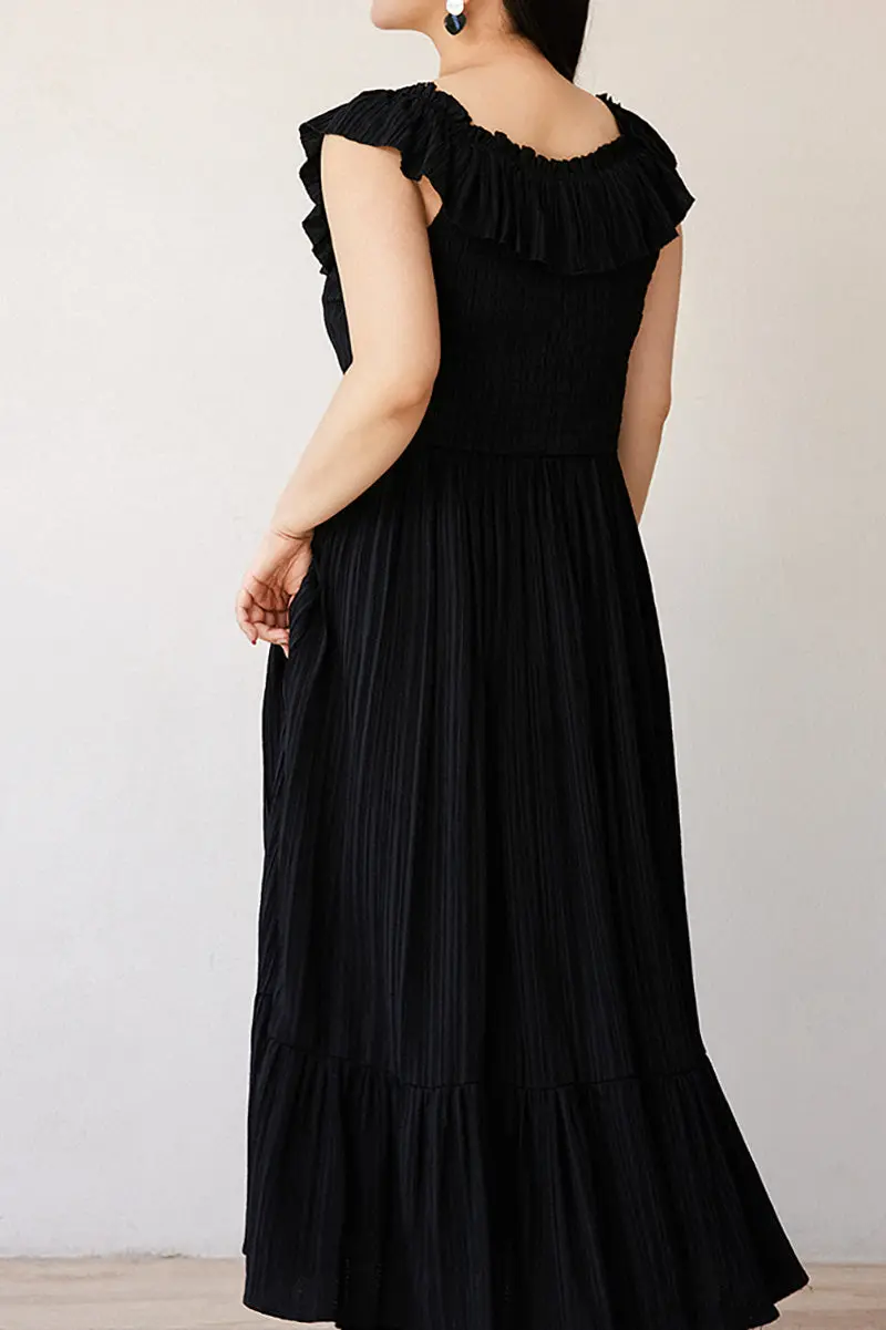 Black Off-the-Shoulder Ruffled Fit & Flare Midi Dress - HBQMJX