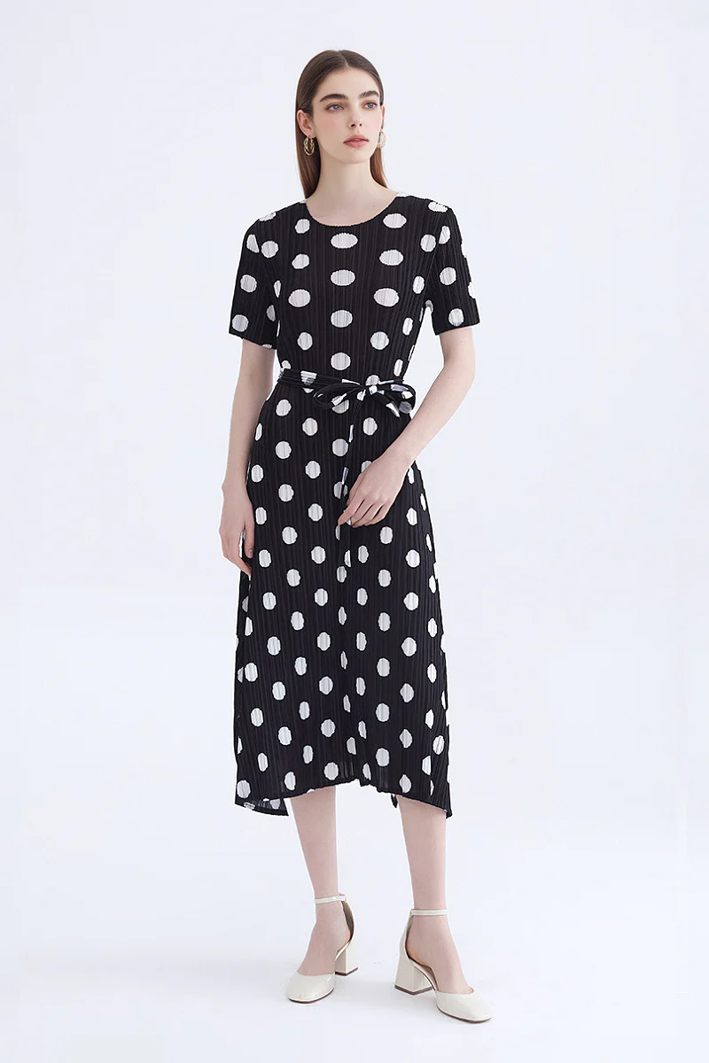 Designer Inspired Pleated Polka Dot Midi Dress - HBQMJX