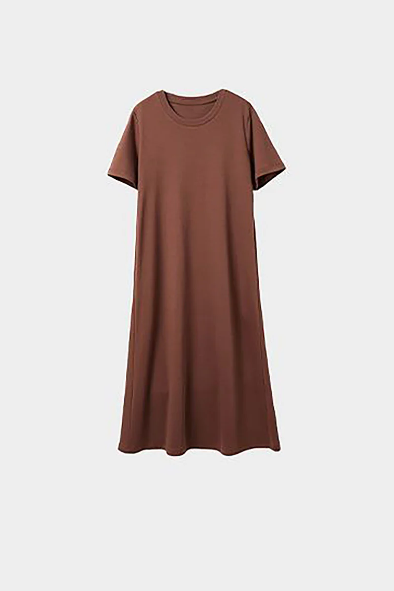 Brown Midi T-Shirt Dress with Pockets - HBQMJX