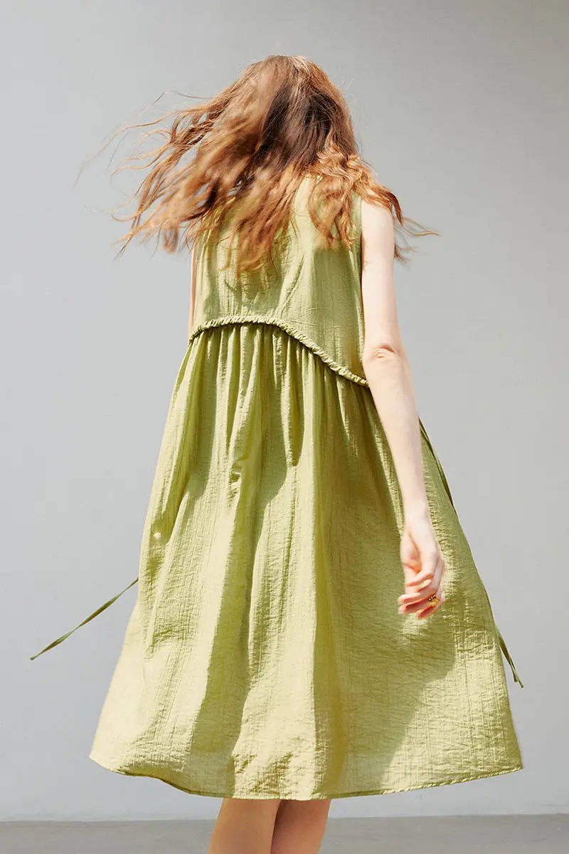 Sage Green Lyocell Sleeveless Ruffle-Detail Midi Dress - HBQMJX