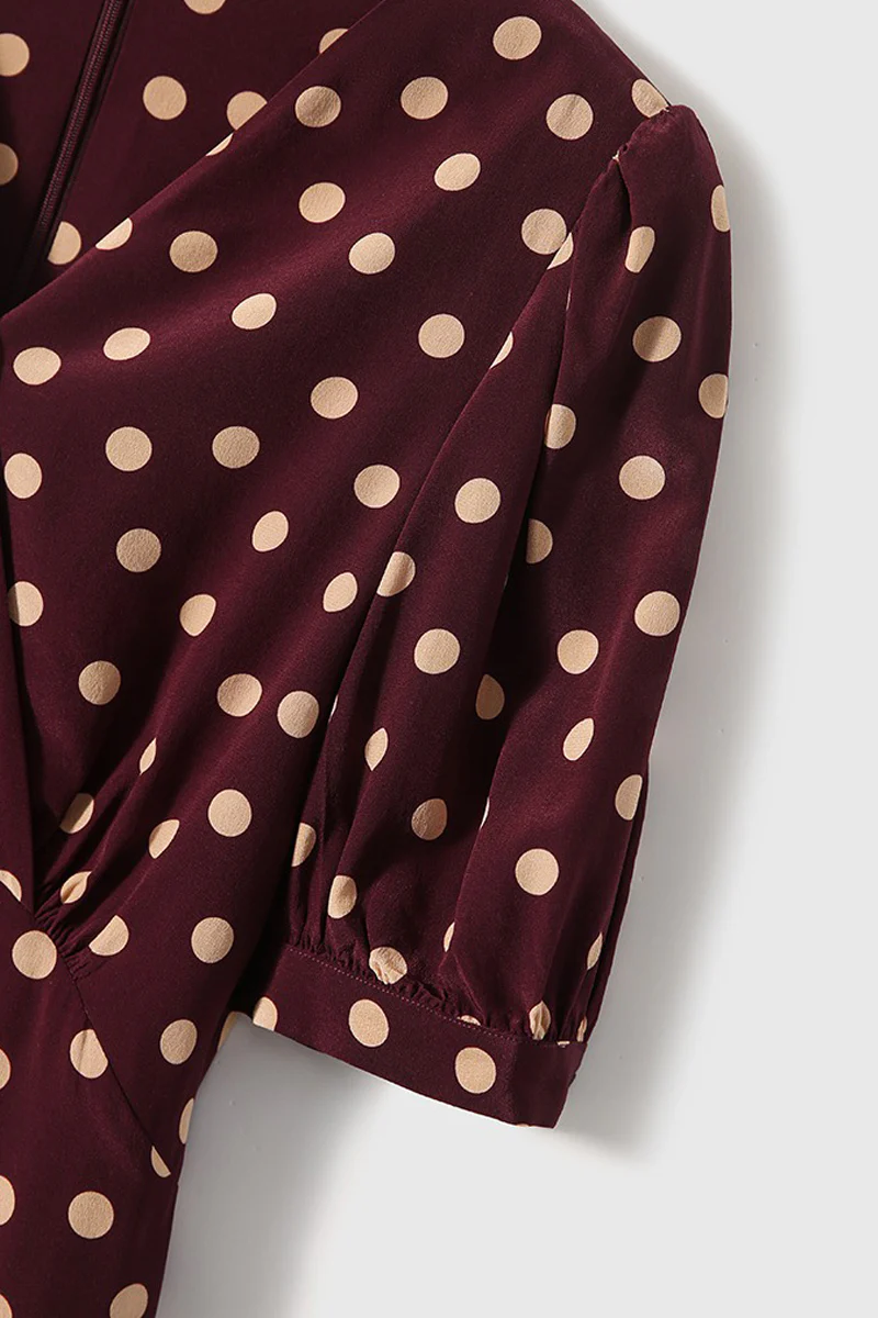 100 Mulberry Silk Red Polka-Dot Midi Tea Dress - HBQMJX