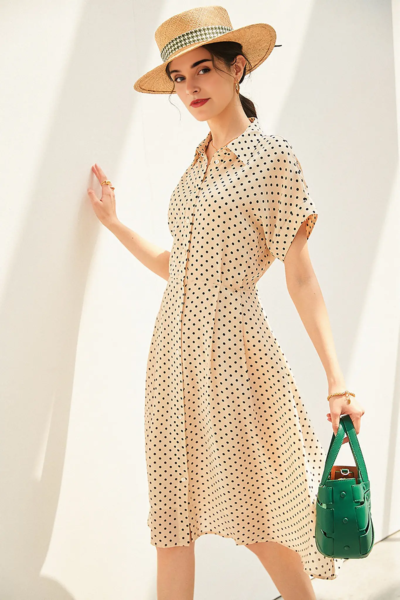 Women's Heavyweight Mulberry Silk Polka Dot Printed Silk Long Dress - HBQMJX