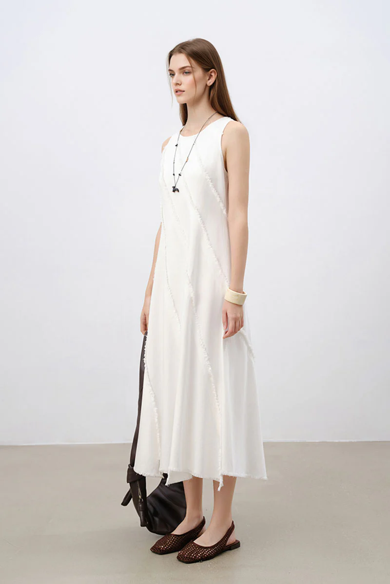 White A-Line Sleeveless Midi Dress with Raw Seams - HBQMJX